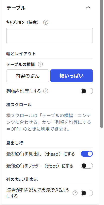 「テーブル」設定パネル（幅とレイアウト〜見出し行）
